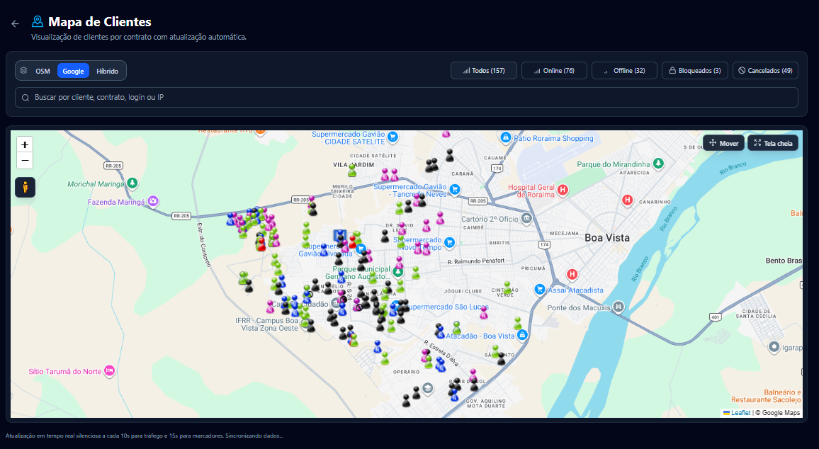 Mapa de clientes do WebSystem Provider mostrando assinantes online, offline, bloqueados e cancelados sobre o mapa da cidade