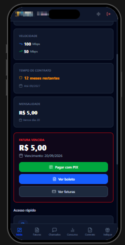 Central do Cliente do WebSystem Provider no celular, mostrando velocidade contratada, tempo de contrato, mensalidade, fatura vencida e botão de pagar com PIX