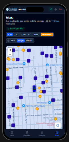 Portal do Técnico do WebSystem Provider no celular, com mapa de CTOs e CEOs e a localização do técnico em campo
