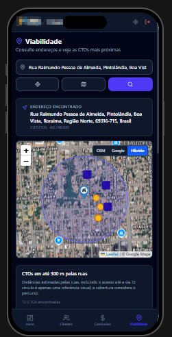 Portal do Vendedor do WebSystem Provider no celular, consultando viabilidade por endereço e mostrando as CTOs mais próximas no mapa