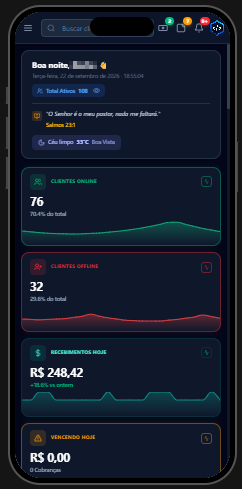 Dashboard do WebSystem Provider adaptado para o celular, com indicadores de clientes online, offline e recebimentos do dia