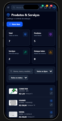 Tela de produtos e serviços do WebSystem Provider no celular, com catálogo e controle de estoque